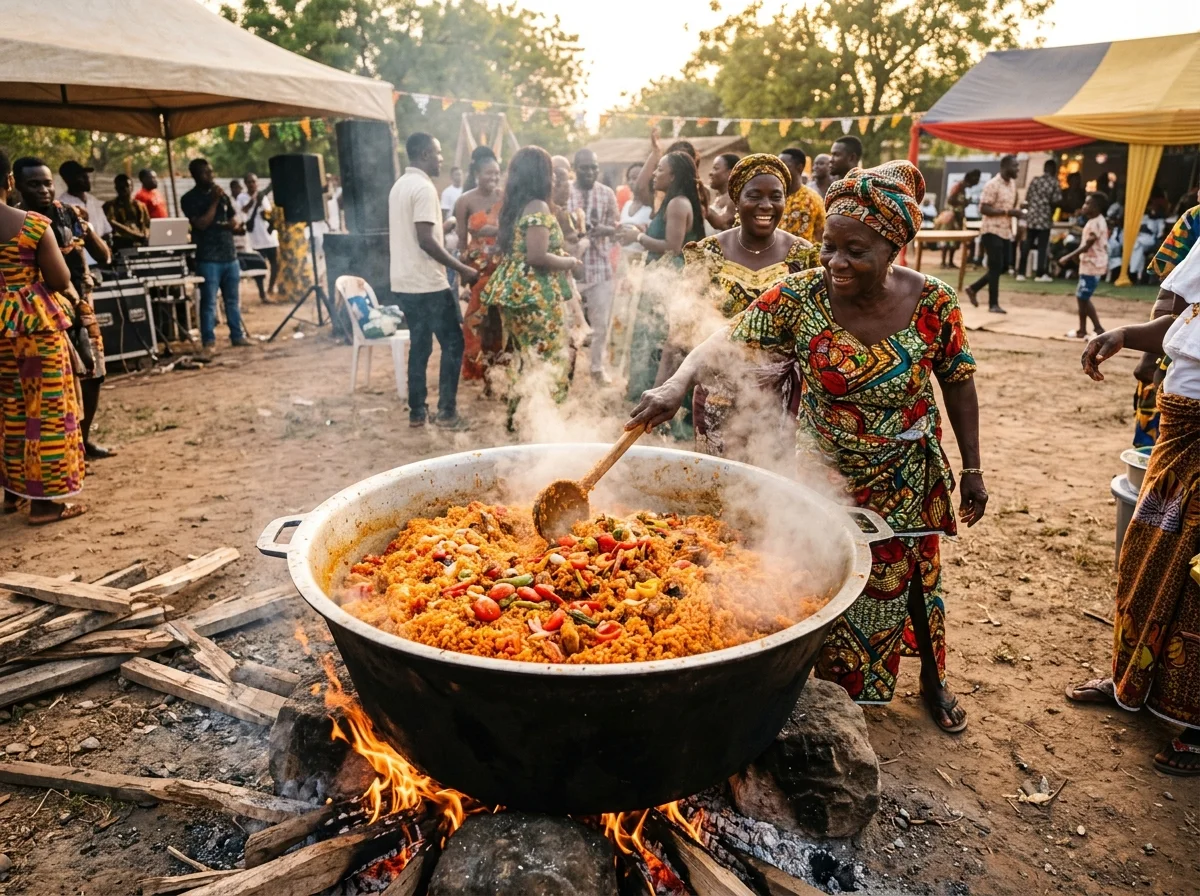 西アフリカの大鍋で炊かれるパーティージョロフの風景