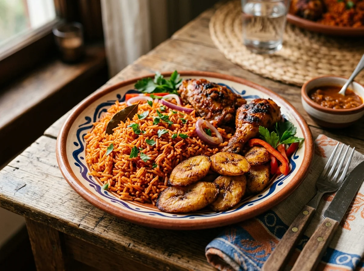 鮮やかなトマトレッドに染まったジョロフライスをプレートに盛り付けた完成写真