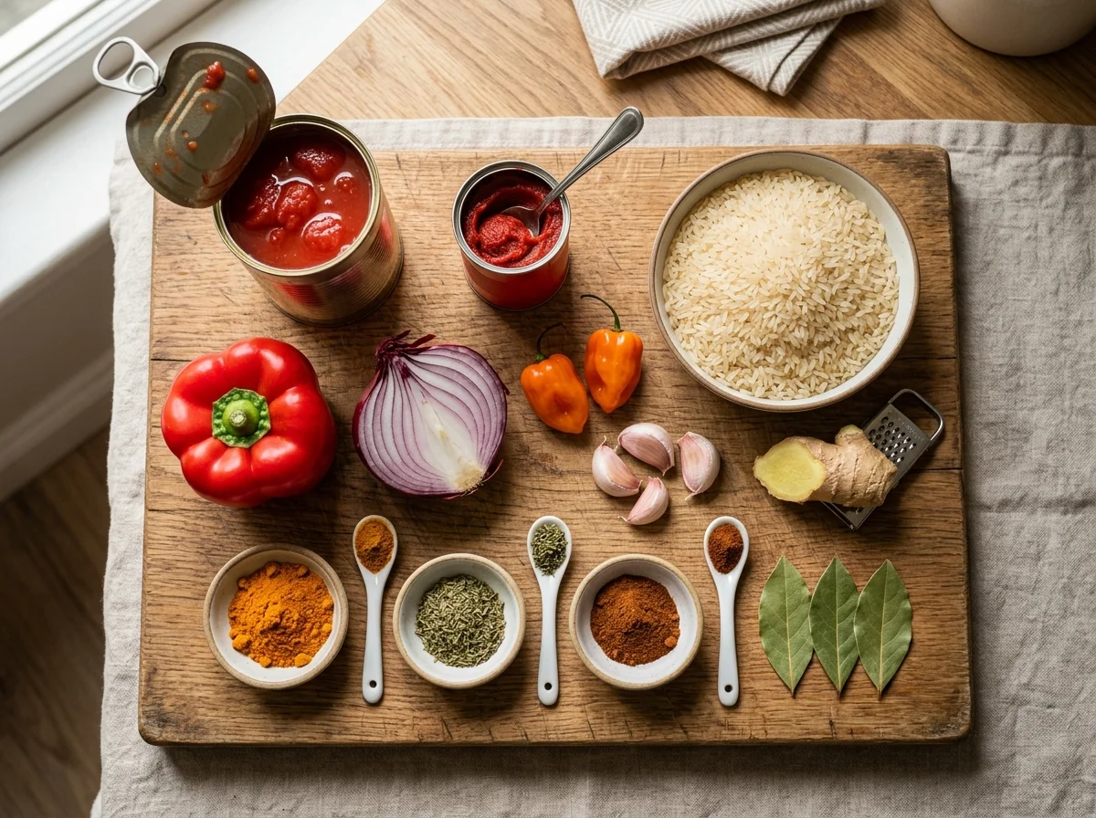 ジョロフライスの材料を並べた様子。トマト缶、パプリカ、スパイス、長粒米
