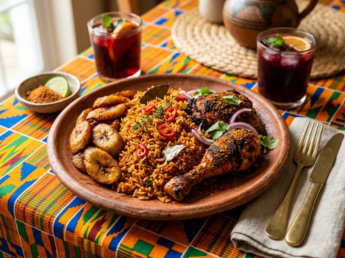 ジョロフライスにフライドプランテンとグリルチキンを添えた盛り付け