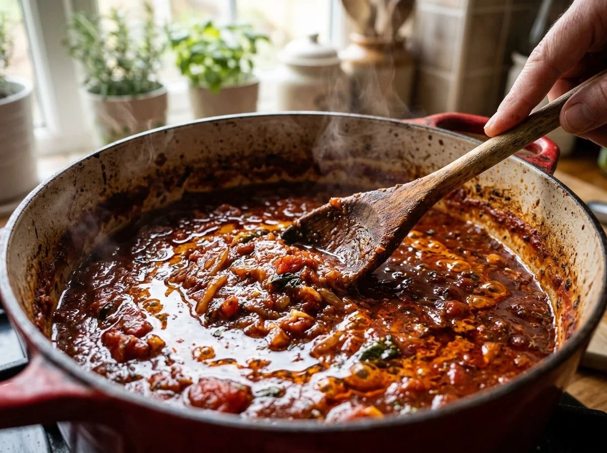 手順2: タマネギを炒めてトマトベースを煮詰める（20分）