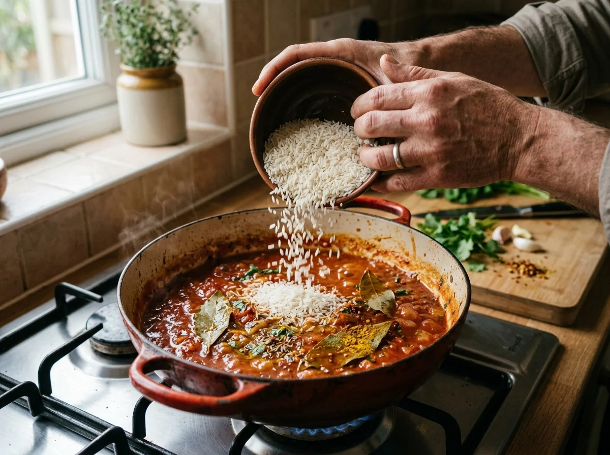 手順3: スパイスと米を加える（5分）