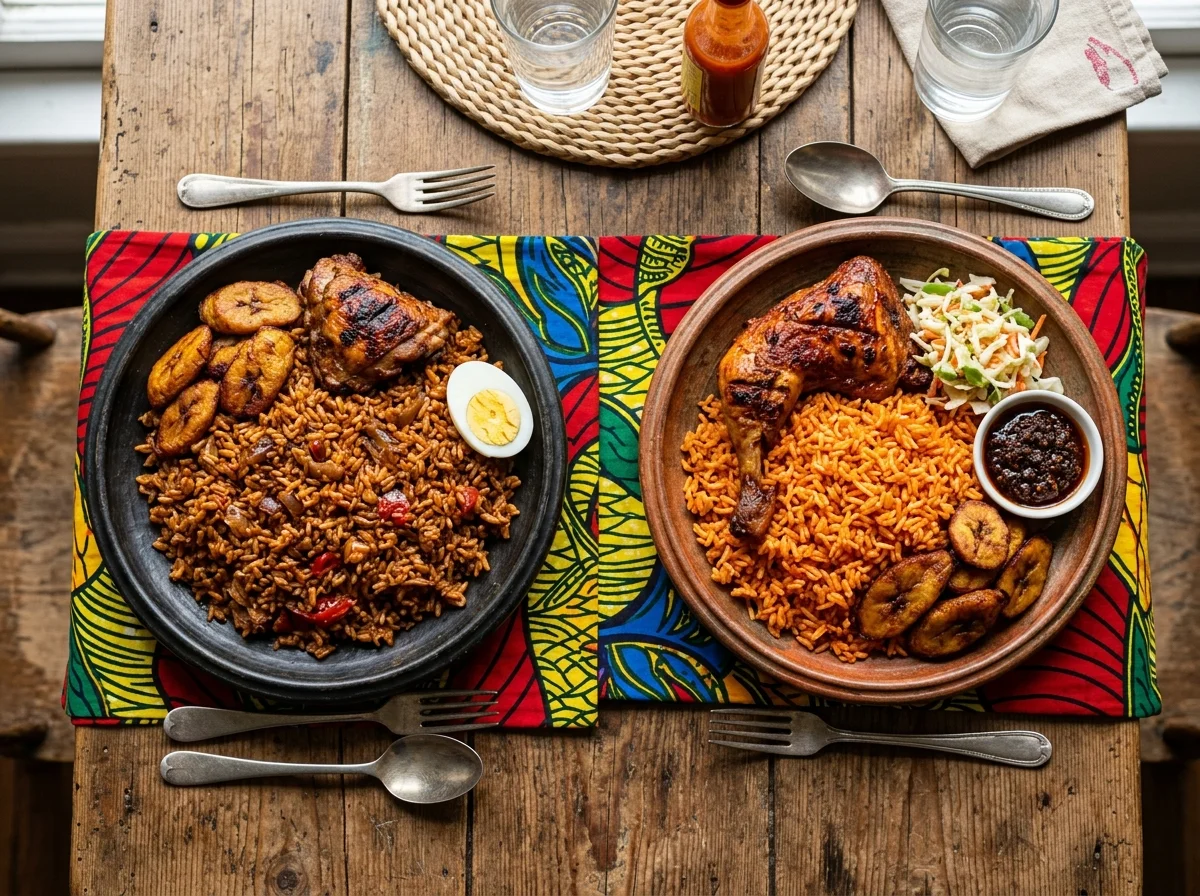 ナイジェリア式とガーナ式のジョロフライスを並べた比較