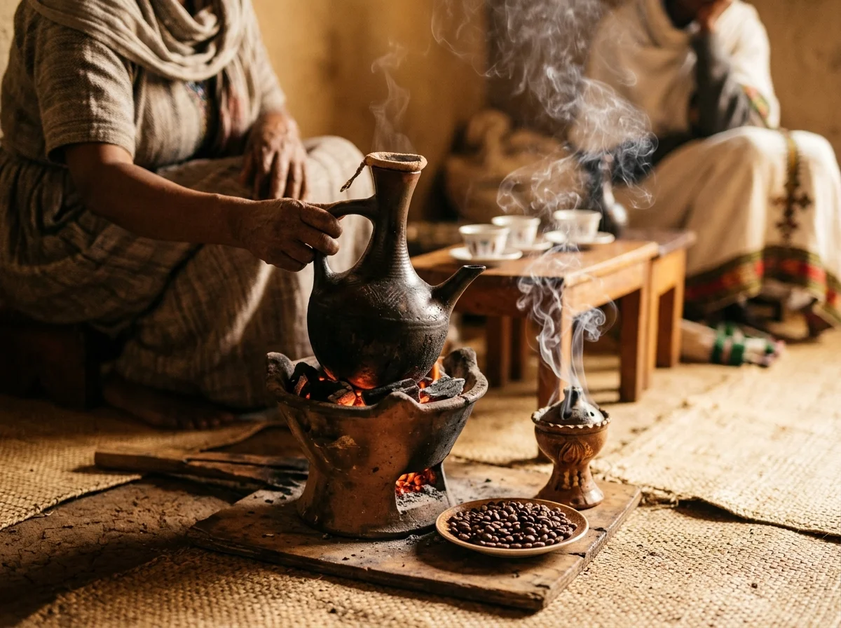 エチオピアの伝統的なコーヒーセレモニー。ジェベナポットと炭火