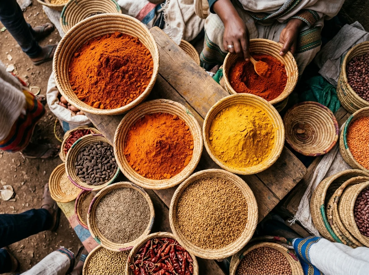色鮮やかなエチオピアのスパイス。ベルベレ、ミトミタ、ターメリックが並ぶ