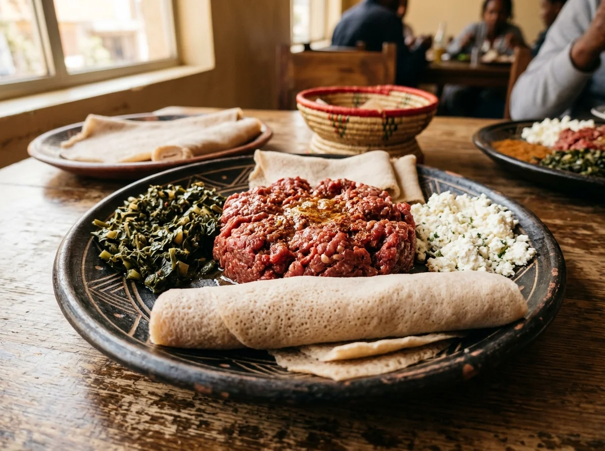 キトフォ。生のミンチ肉にミトミタとニテルキベが絡んだエチオピアのタルタル