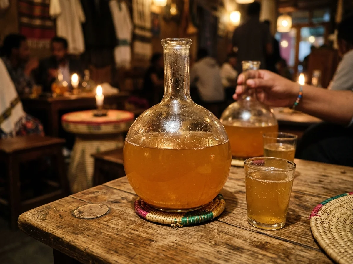 テジ。丸底フラスコ型のベレレグラスに注がれた琥珀色の蜂蜜酒