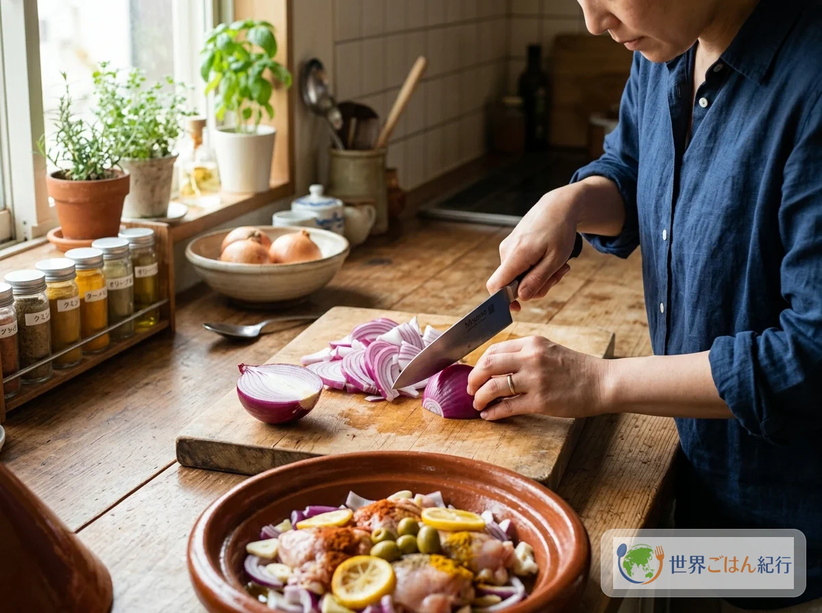 タジン鍋の中で玉ねぎを炒める工程