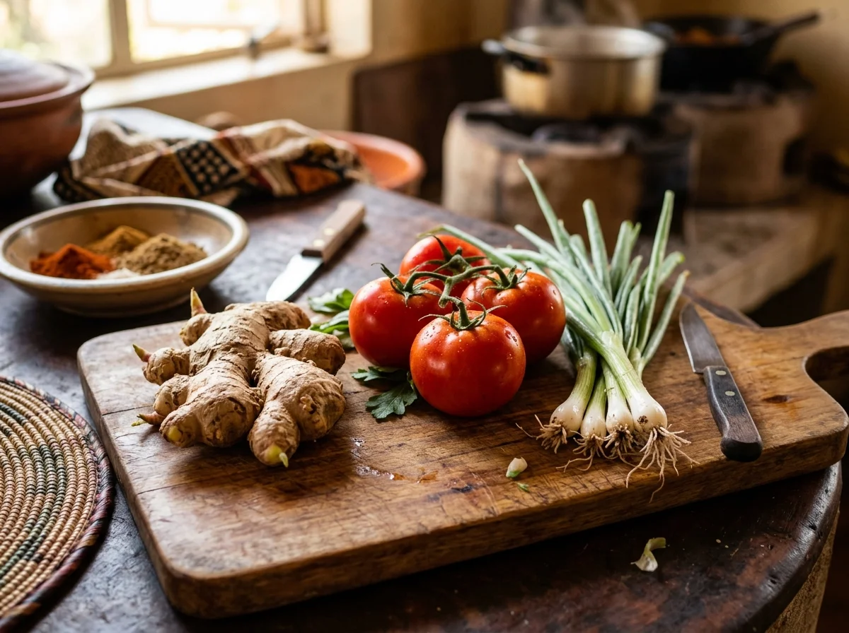 生姜、トマト、ねぎなどの薬味材料が並んでいる