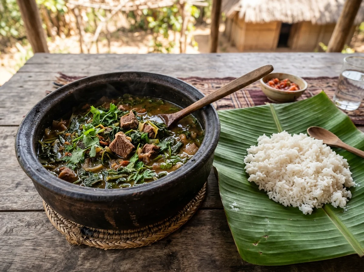 マダガスカルの国民食ルマザヴァ。緑の葉野菜と牛肉の煮込みが土鍋に入り、白飯が添えられている