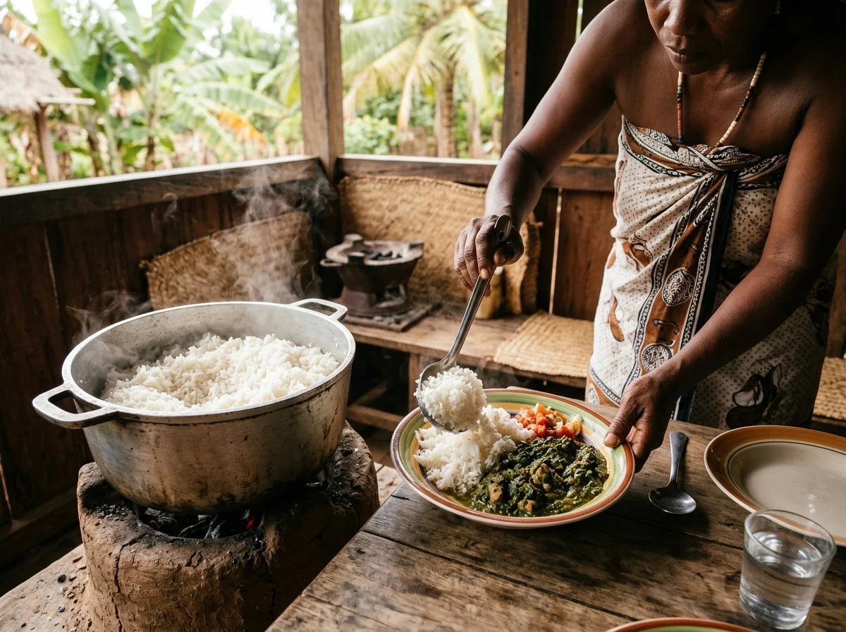 マダガスカルの食卓風景。ルマザヴァと白飯が大量に盛られている