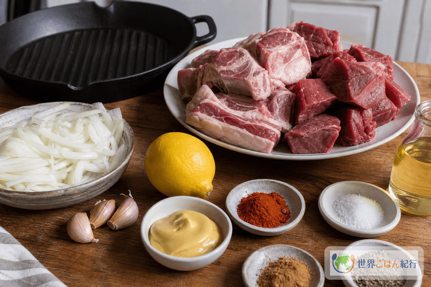 ディビに使う羊肉、牛肉、玉ねぎ、レモン、マスタード、スパイス、グリルパン