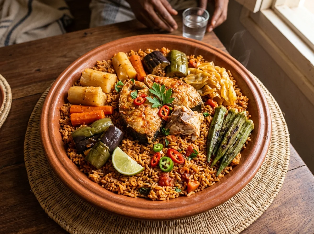 チェブジェン。セネガルの国民食、白身魚と野菜のトマト炊き込みごはん