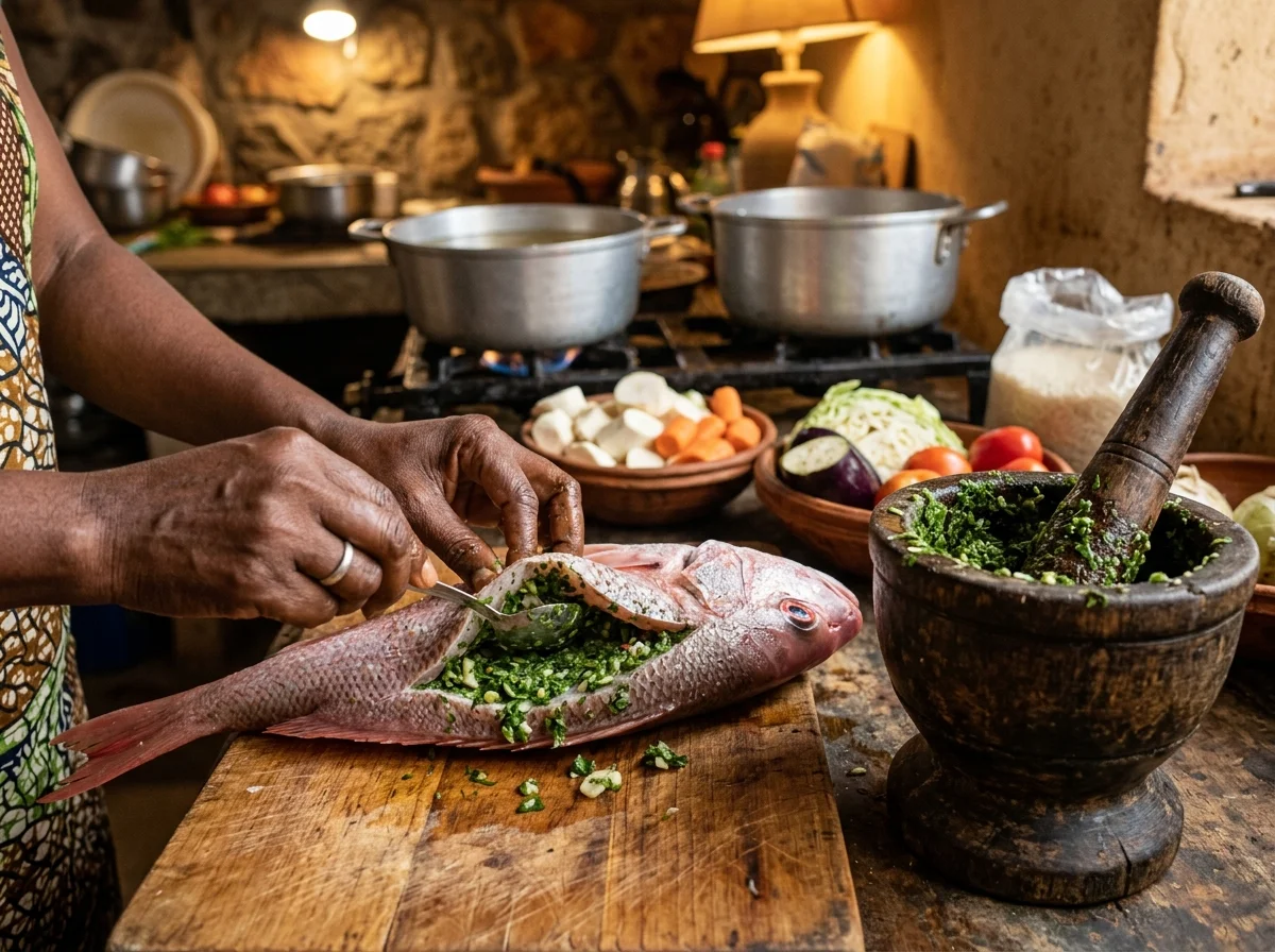 手順1: ロフを作る: イタリアンパセリの葉をざく切りにし、にんにく3片、スコッチボネット1/2個(種を取る)、干しエビ粉末、固形ブイヨン1個、塩小さじ1/2をフードプロセッサー(またはすり鉢)に入れ、ペースト状にする。水分が足りなければ水大さじ1を加える。鮮やかな緑色のペーストができれば正解。