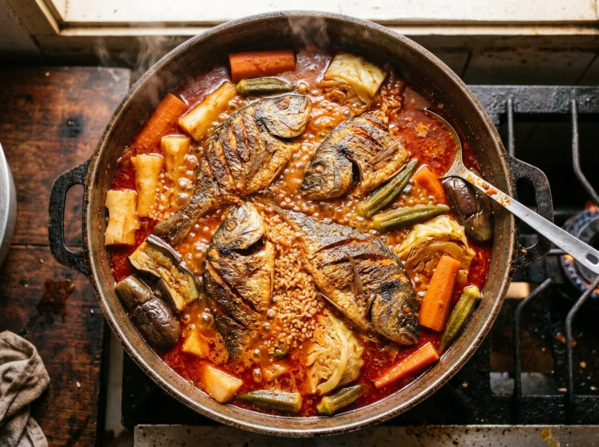 手順5: 野菜を煮込む(30分): 水1.5リットルを注ぎ、強火で沸騰させる。にんじん、さつまいも、かぼちゃなど火の通りにくい野菜から順に入れる。沸騰したら中火に落とし、15分煮る。続いてなす、キャベツ、オクラを加え、さらに15分煮る。野菜にスープの味が十分に染みたら、全ての野菜を丸ごと取り出して皿に保温しておく。