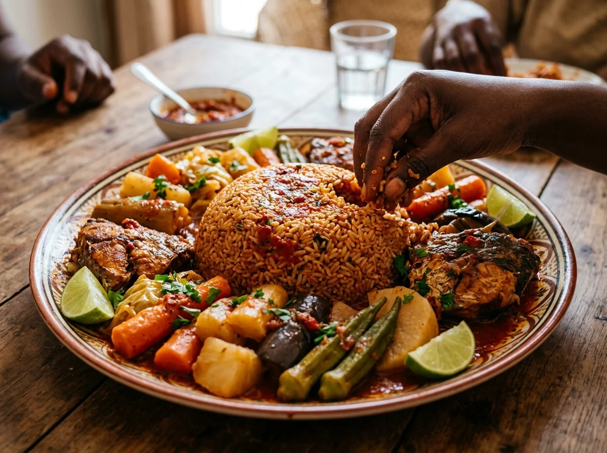 手順8: 盛り付け: 大きな丸皿にごはんをドーム状に盛る。魚を中央に置き、周囲に野菜を彩りよく配置する。おこげは皿の脇に添える。レモンのくし切りとスコッチボネットの半切りを飾りに添えて完成。