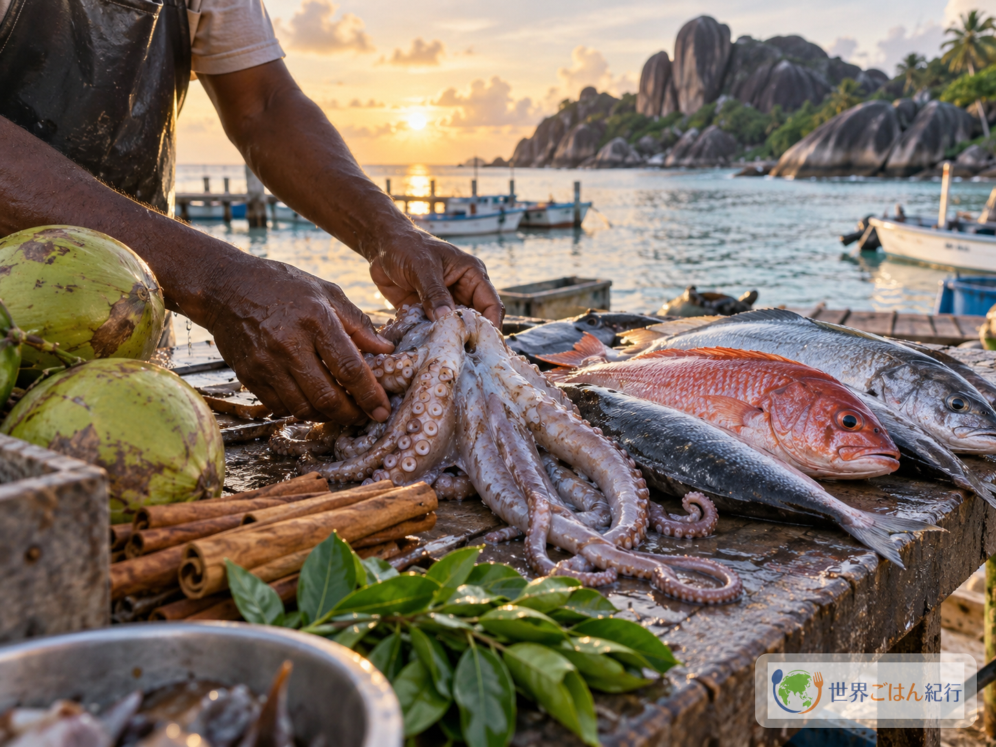 早朝のセーシェルの港で魚を運ぶ人々と、ココナッツやシナモンが置かれた屋外の調理台