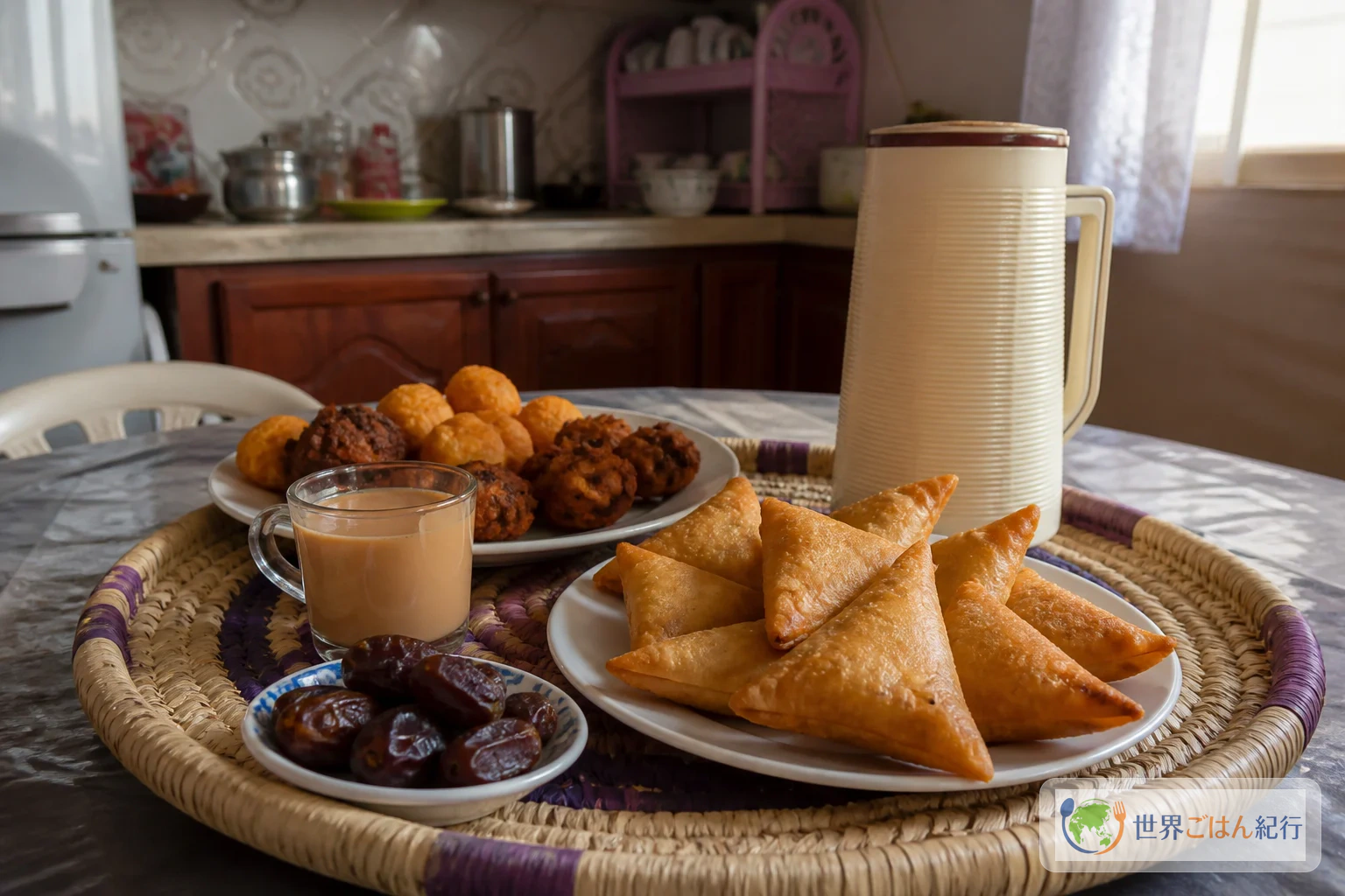 午後の茶と揚げたサンブースを囲むソマリアの食卓をイメージした料理写真
