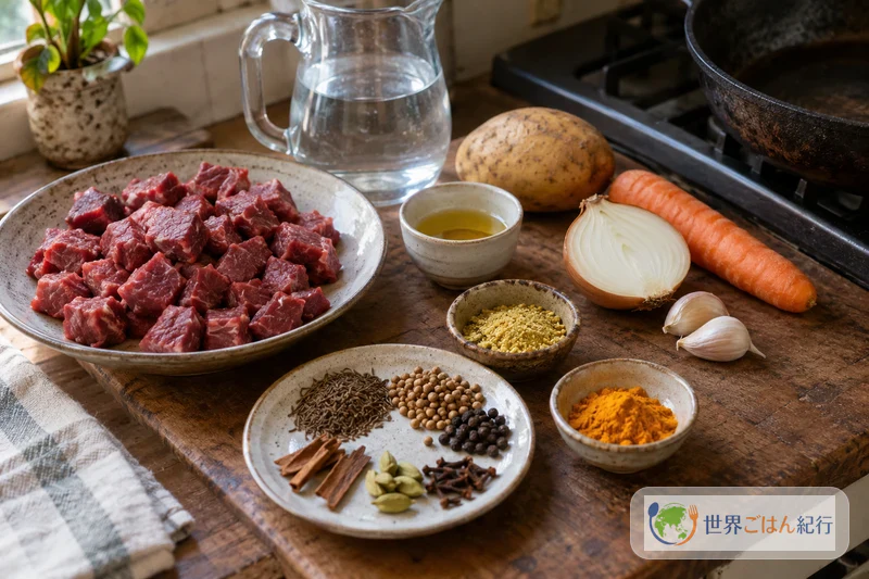 角切りの牛肉、玉ねぎ、にんにく、じゃがいも、にんじん、ホールスパイスを並べたスカールの材料