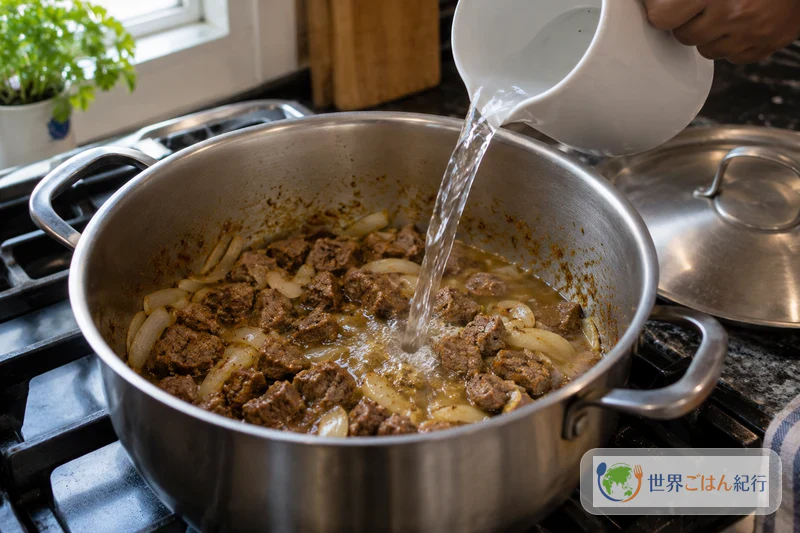 手順5: スパイスと牛肉を加え、湯を注いで煮る（約32分）