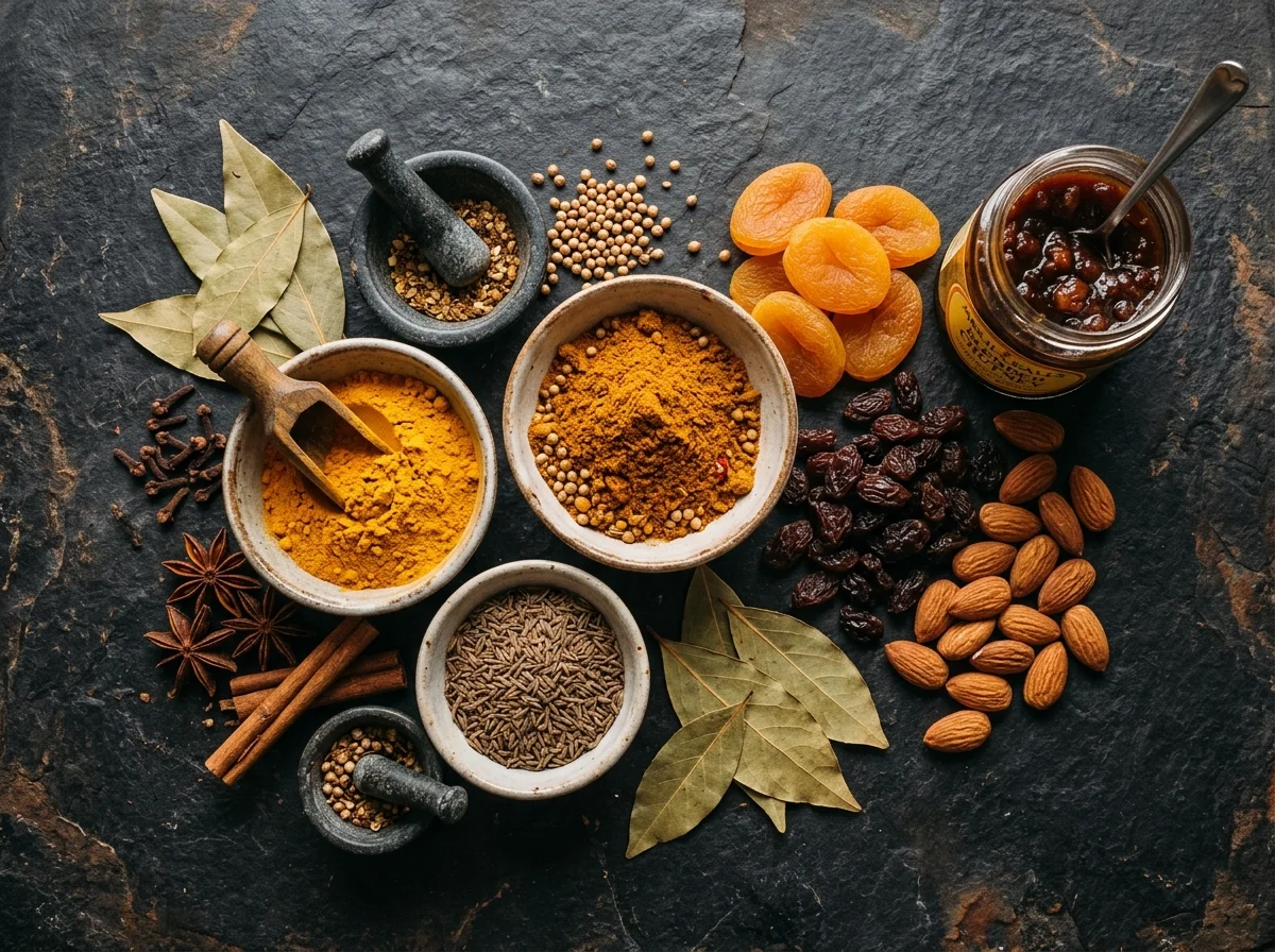 ボボティに使うスパイスとドライフルーツ。カレー粉、ターメリック、レーズン、アーモンドなど