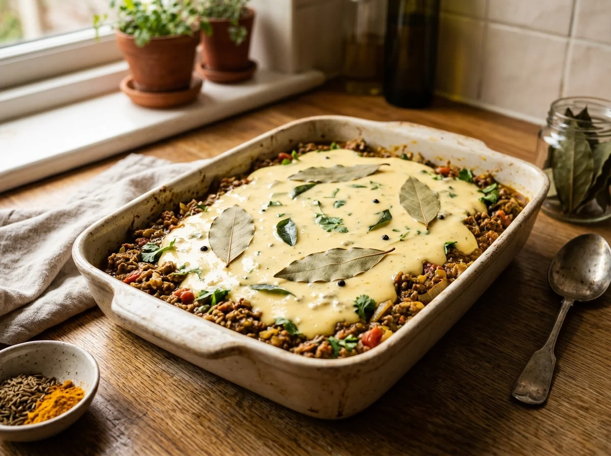 カスタードを流し込む前のボボティ。スパイス挽肉の上にベイリーフが飾られている