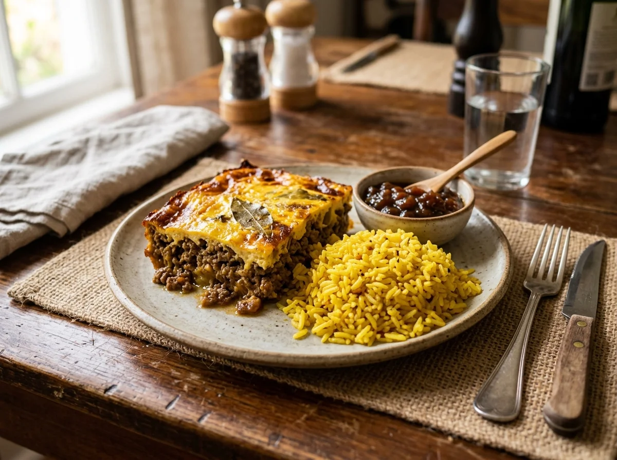 ボボティの盛り付け。ターメリックライスとチャツネが添えられた南アフリカの定番プレート
