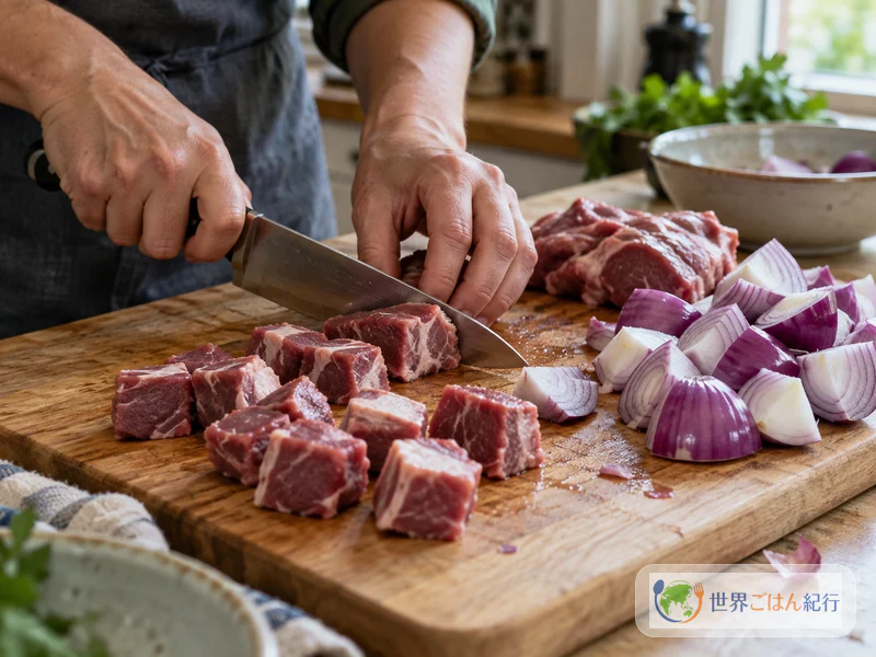 手順2: 肉と玉ねぎを切る（約10分）