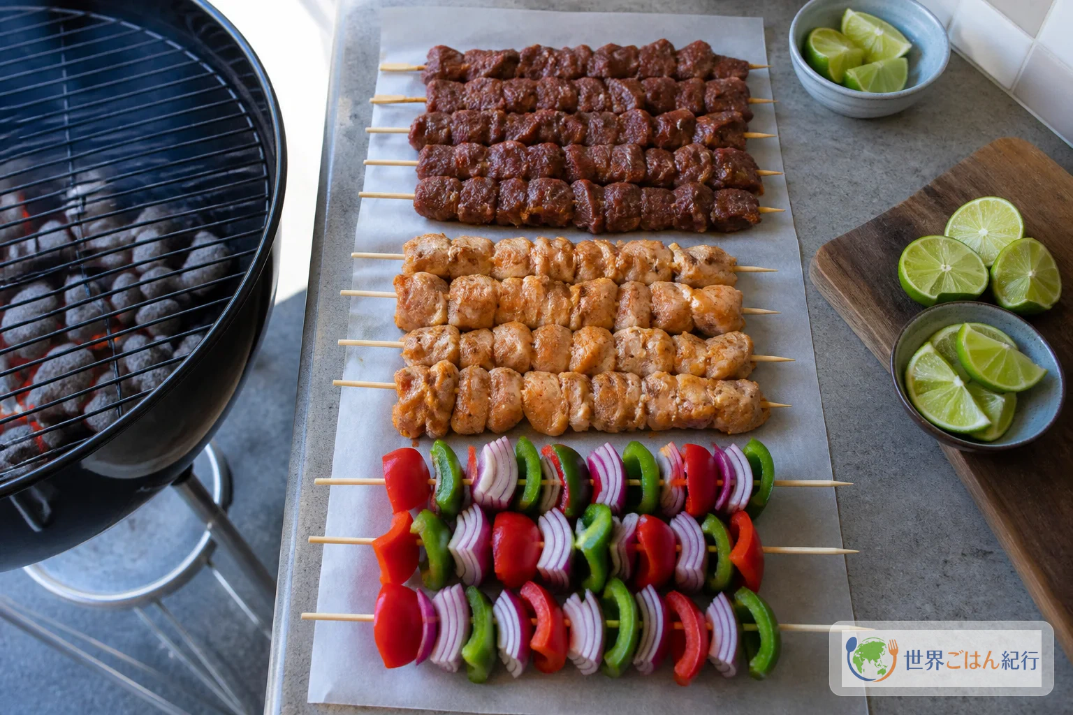 牛肉、鶏肉、野菜をそれぞれ別の串にして焼くムシカキのアレンジ