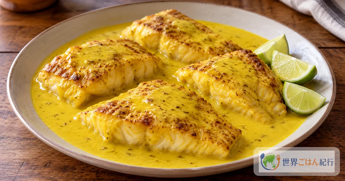 こんがり焼いた白身魚に、ターメリックで黄色く色づいたココナッツソースをかけたサマキ・ワ・クパカとライム