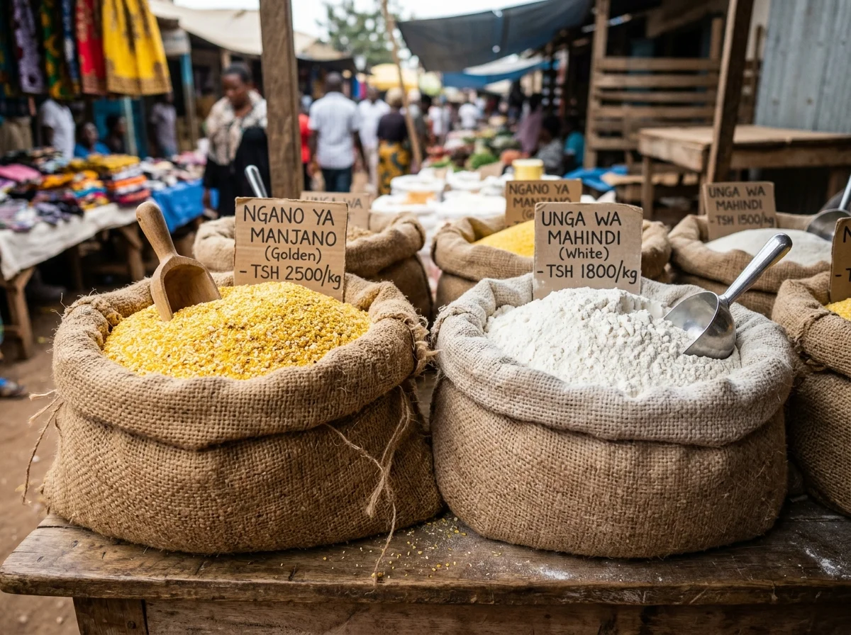 トウモロコシ粉(コーンミール)の種類。黄色と白色のコーンフラワーが市場の袋に入っている