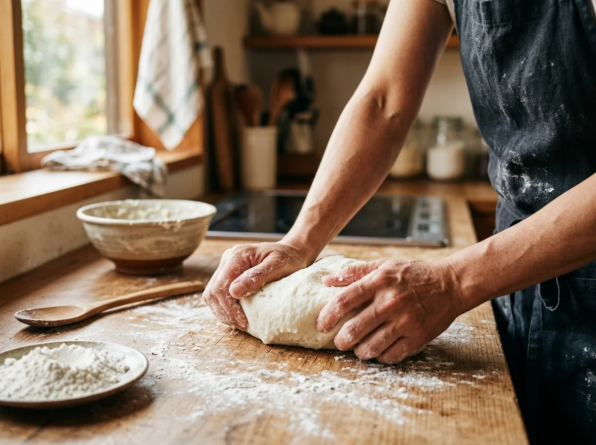手順4: 残りの粉(約270g)を2〜3回に分けて加え、全力で練り上げる