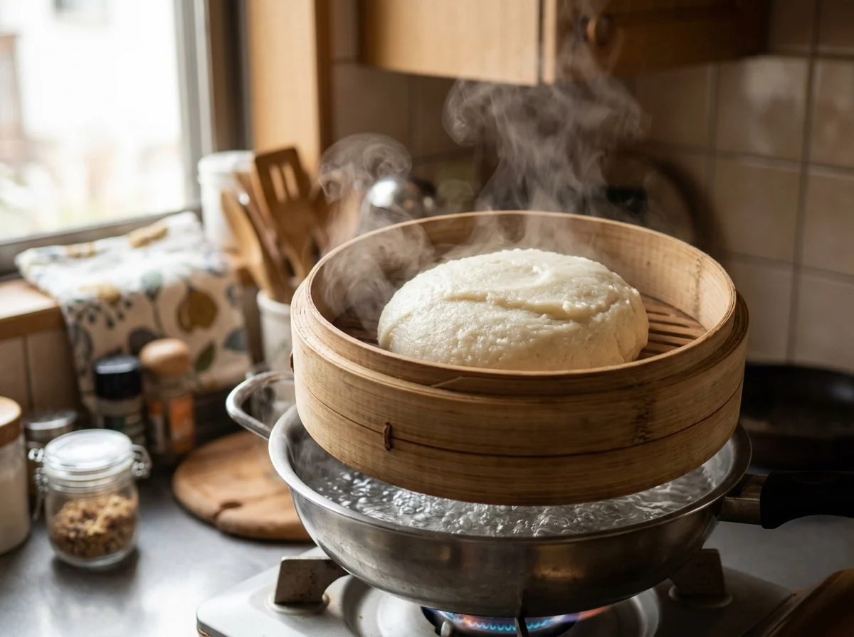 手順5: 生地がなめらかで弾力のある塊になったら、火を止めて蓋をし、2分蒸らす