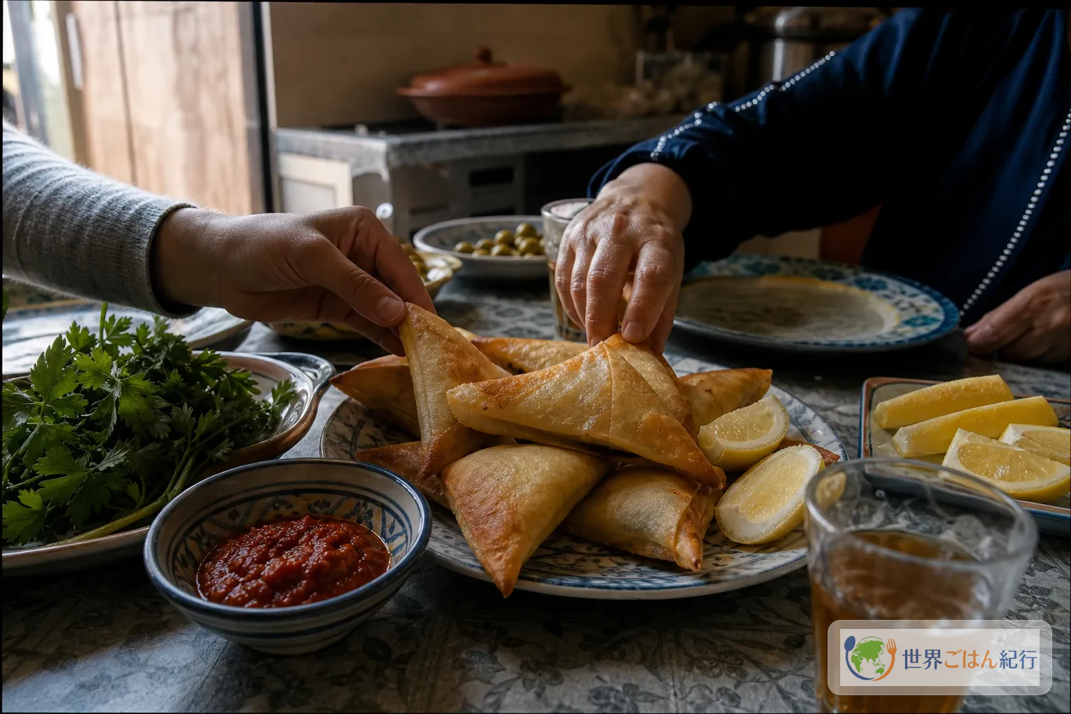 ブリックを囲むチュニジアの食卓。薄い三角形の揚げパイ、ハリッサ、レモン、ハーブを並べる