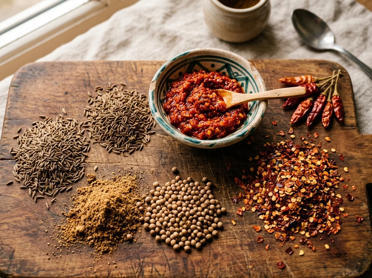 チュニジアのスパイス。ハリッサ、クミン、キャラウェイ