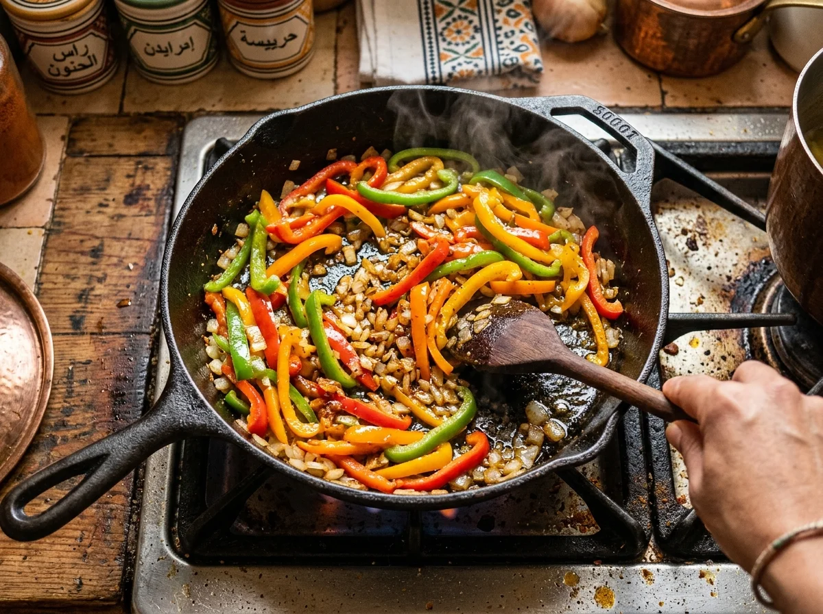 手順1: パプリカ（赤2個、緑1個）は種を取って1cm幅の短冊切りにする。スキレット（または深めのフライパン）にオリーブオイル大さじ3を中火で熱し、玉ねぎのみじん切りを入れて透明になるまで3〜4分炒める