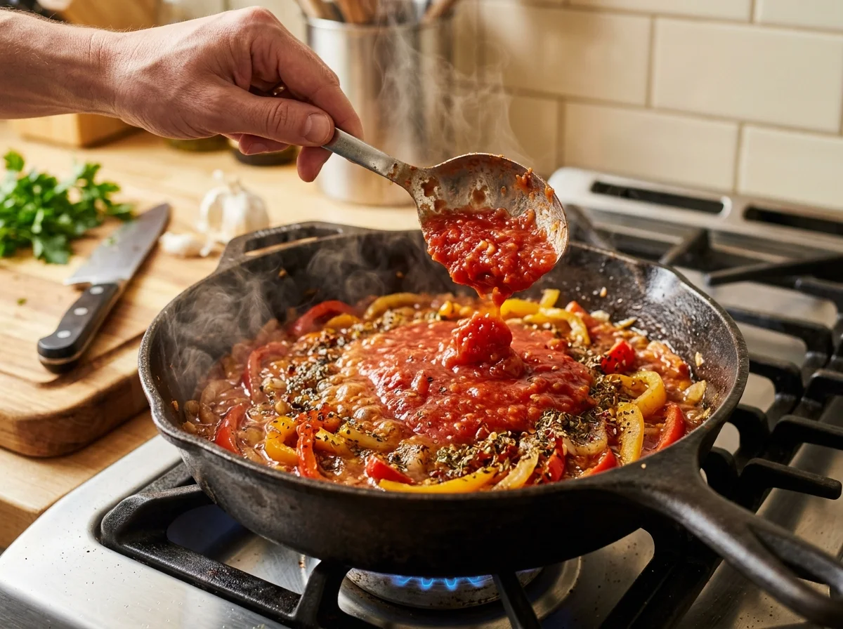 手順2: パプリカを加えて5〜6分炒め、しんなりしてきたらにんにくのみじん切りを加えて1分炒める。クミンパウダー小さじ1、キャラウェイシード小さじ1/2、パプリカパウダー小さじ1を加え、30秒ほど香りを立たせる