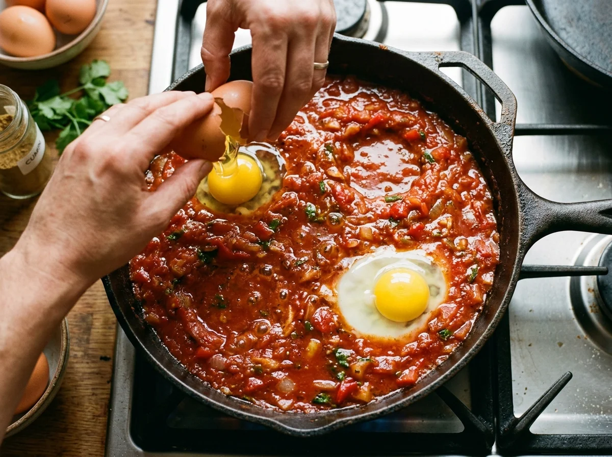 手順3: 粗みじん切りのトマト4個、トマトペースト大さじ1、ハリッサペースト大さじ1〜2を加え、弱火で10分ほど煮込む。トマトが崩れてソース状になり、水分が飛んで「ぽったり」した濃度になったら塩小さじ1と黒こしょう小さじ1/2で味を調える