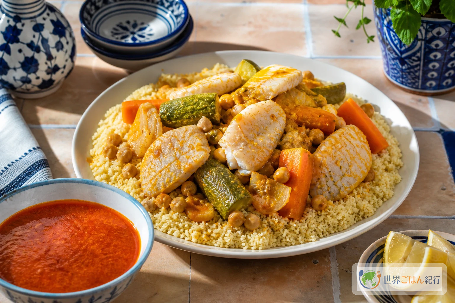 赤い魚介の煮汁とクスクスを別皿に盛ったチュニジアの魚介クスクス