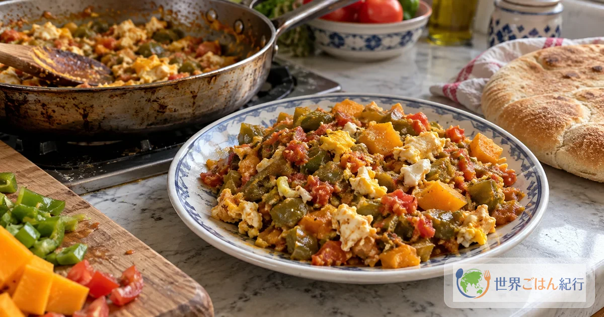 Kafteji on a plate with fried, chopped peppers, tomato, and squash mixed with egg, served with round bread
