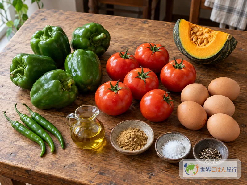 Zutaten für Kafteji: Paprika, grüne Chilis, Tomaten, Kürbis, Eier, Korianderpulver und Olivenöl