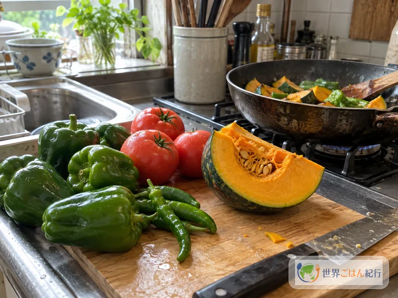 Küche eines Haushalts, Paprika, grüne Chilis, Tomaten und Kürbis bereitgelegt, der Kürbis beginnt in der Pfanne zu bräunen