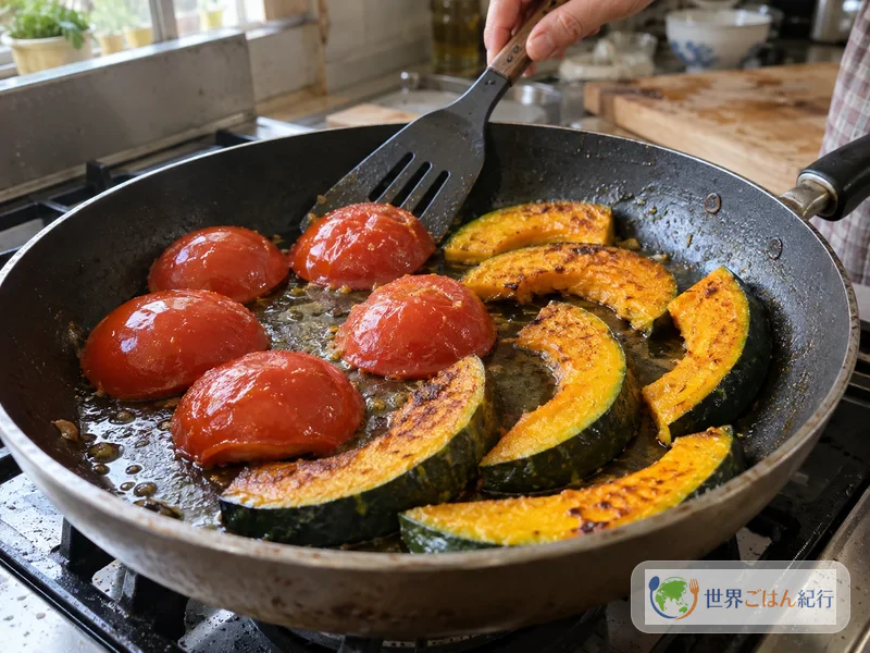Tomaten mit der Schnittfläche nach unten und dicke Kürbisscheiben in der Pfanne garen
