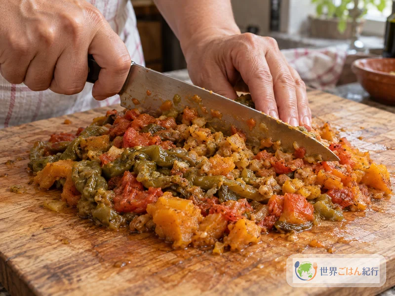 Gebratene Paprika, Tomaten und Kürbis auf dem Brett zusammen fein gehackt