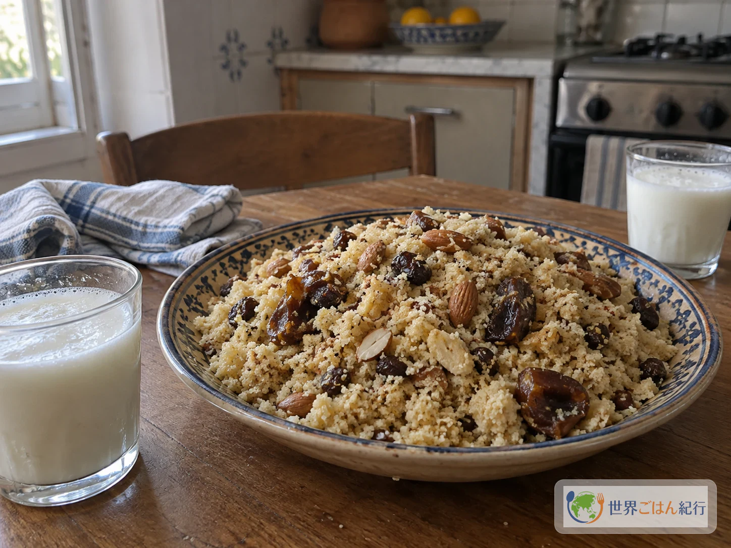 Gran fuente de mesfouf con leche fermentada, en una mesa casera tunecina