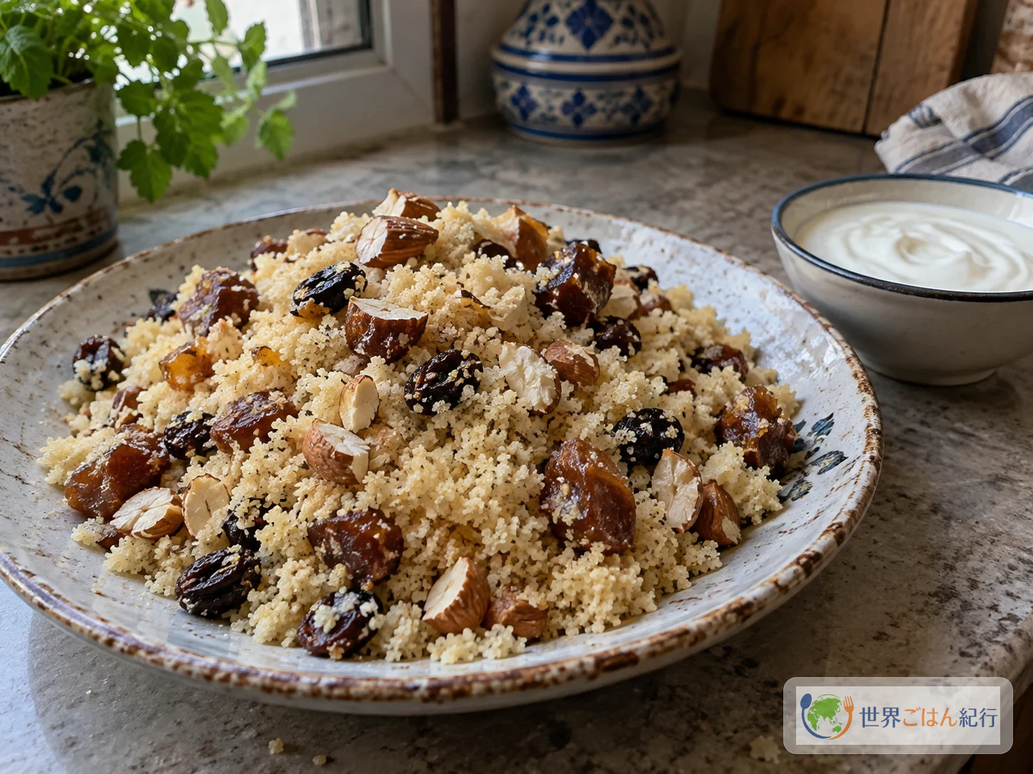 Mesfouf, pale golden couscous mixed with dates, raisins, and chopped almonds