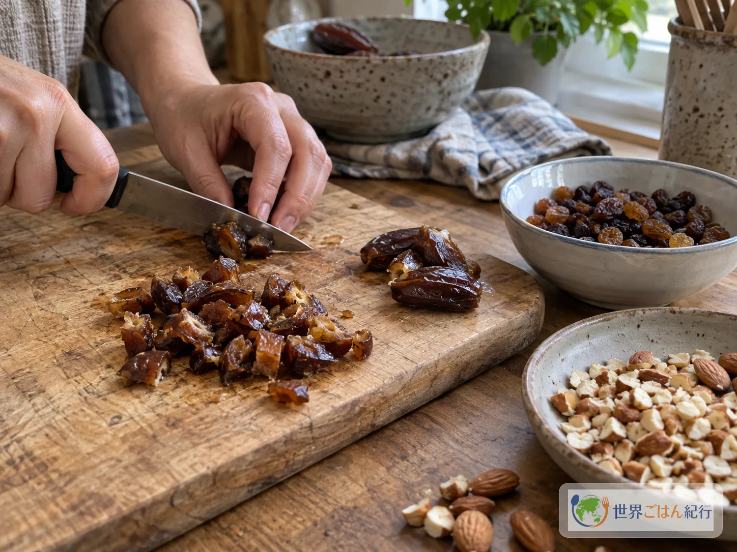 Dátiles cortados en dados de 5–8 mm, pasas hidratadas y almendras picadas gruesas