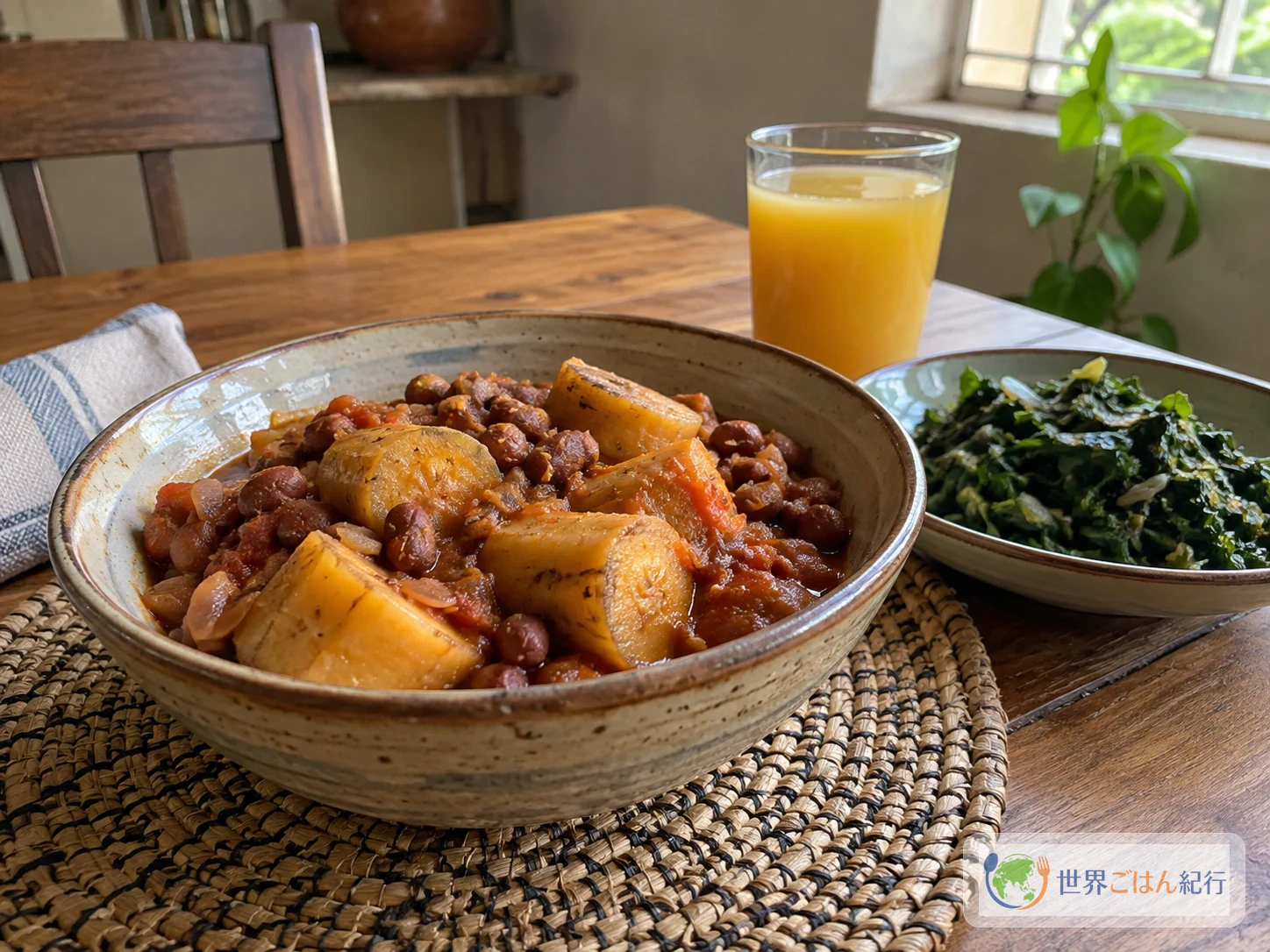 青菜と香菜を添え、トマト色の煮汁をまとったカトゴを朝の食卓に置いた盛り付け