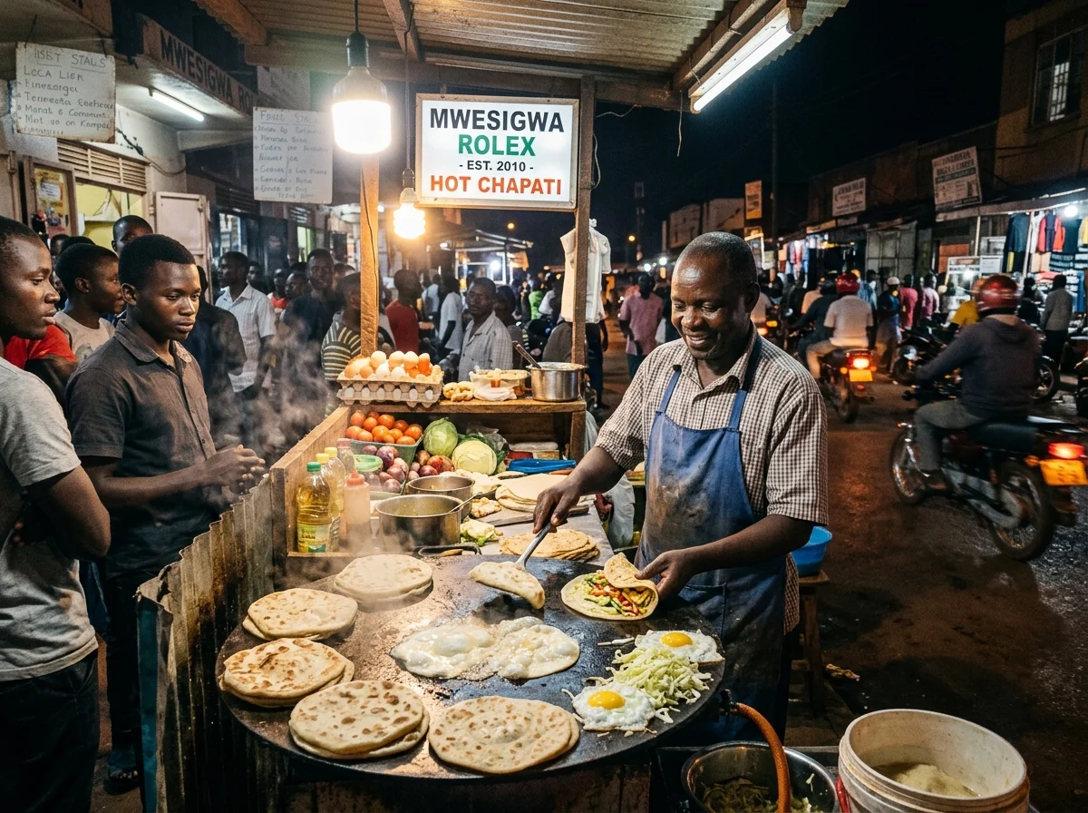 カンパラの屋台でロレックスを作る風景