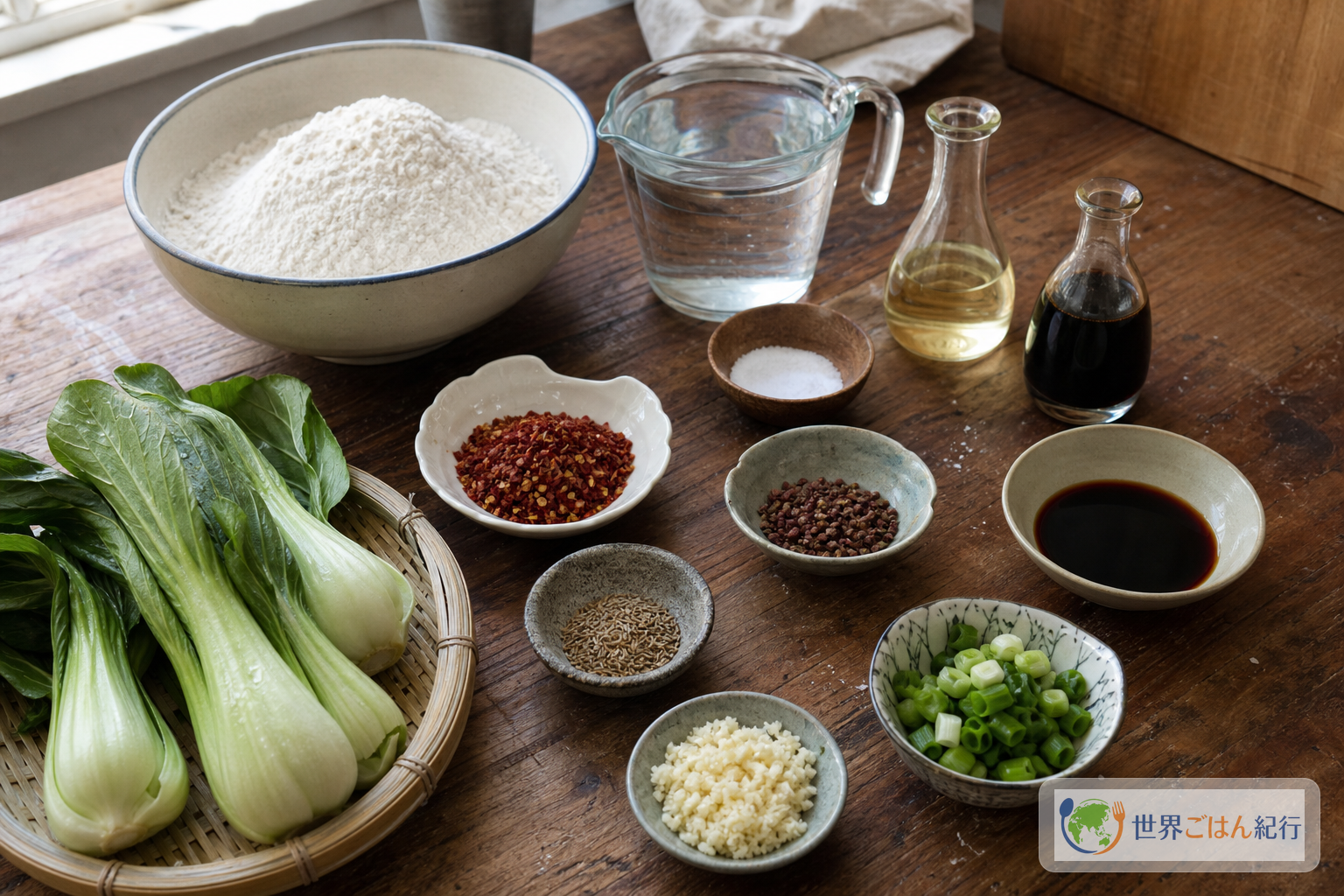 ビャンビャン麺に使う小麦粉、黒酢、唐辛子、花椒、クミン、青菜を並べた作業台